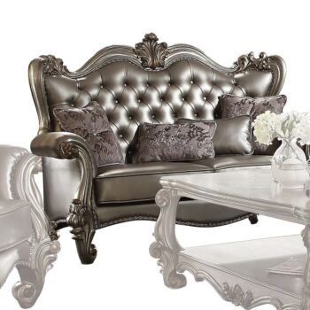Silver Leather & Antique Platinum Finish Versailles Loveseat W/4 Pillows 56821 by ACME