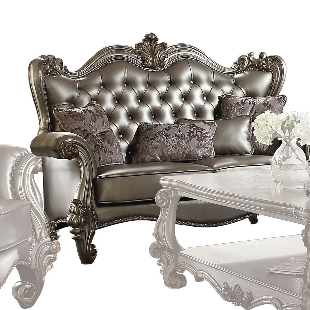 Silver Leather & Antique Platinum Finish Versailles Loveseat W/4 Pillows 56821 By Acme | Mobilia Cleopatra 3 Silver Leather & Antique Platinum Finish Versailles Loveseat W/4 Pillows 56821 by ACME - Image 1