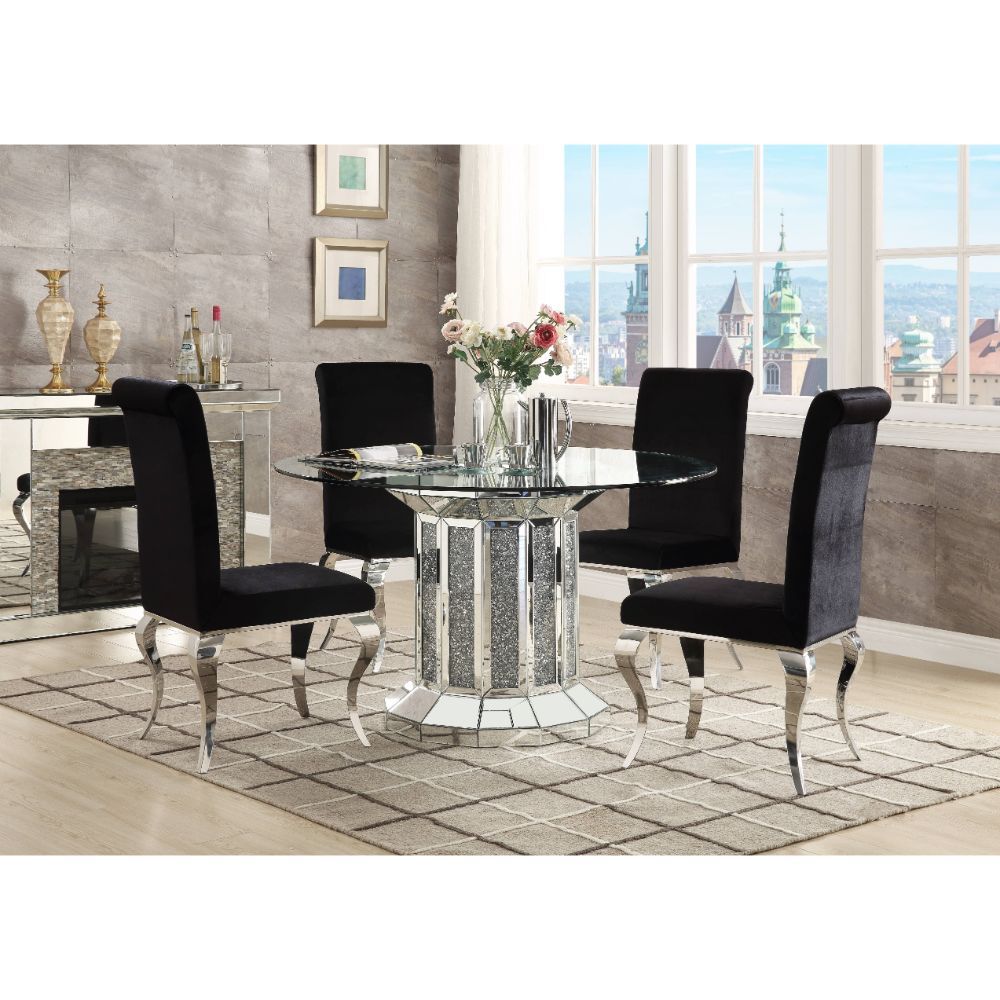 Round Noralie Dining Table In Clear Glass Top & Mirrored & Faux Diamonds By Acme | Mobilia Cleopatra 3 Round Noralie Dining Table in Clear Glass Top & Mirrored & Faux Diamonds by ACME - Image 1
