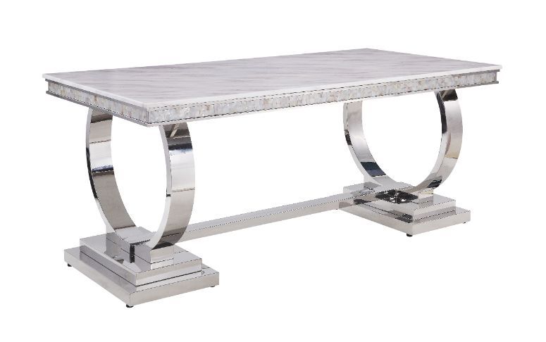 White Printed Faux Marble Zander Dining Table 68250 By Acme | Mobilia Cleopatra 3 White Printed Faux Marble Zander Dining Table 68250 by ACME - Image 1