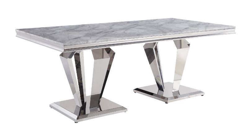 Gray Marble Top & Mirrored Silver Finish Satinka Dining Table 68265 By Acme | Mobilia Cleopatra 3 Gray Marble Top & Mirrored Silver Finish Satinka Dining Table 68265 by ACME - Image 1