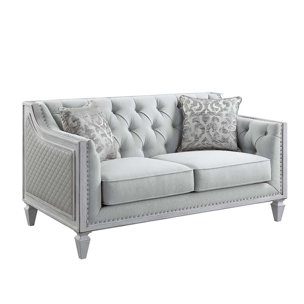 Light Gray Linen Katia Loveseat W/2 Pillows Lv01050 By Acme | Mobilia Cleopatra 3 Light Gray Linen Katia Loveseat W/2 Pillows LV01050 by ACME - Image 1