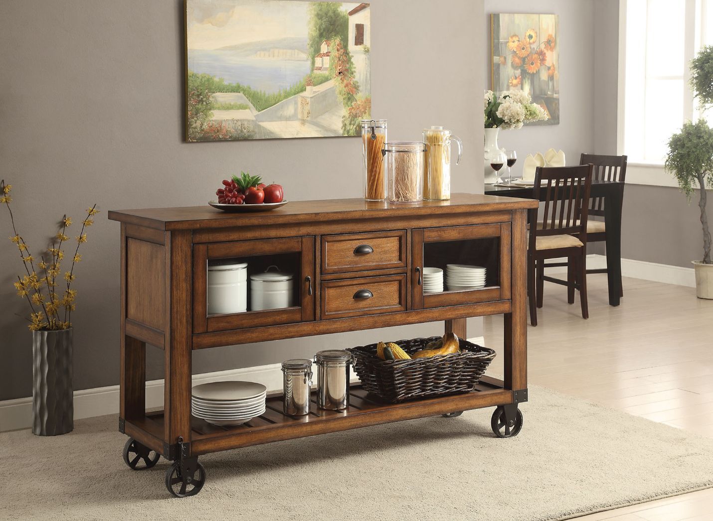 Distressed Chestnut Kadri Kitchen Cart 98180 By Acme | Mobilia Cleopatra 3 Distressed Chestnut Kadri Kitchen Cart 98180 by ACME - Image 1