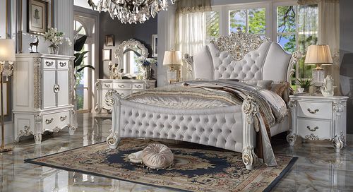 Ivory Fabric & Antique Pearl Finish Vendom Bed By Acme | Mobilia Cleopatra 3 Ivory Fabric & Antique Pearl Finish Vendom Bed by ACME - Image 1