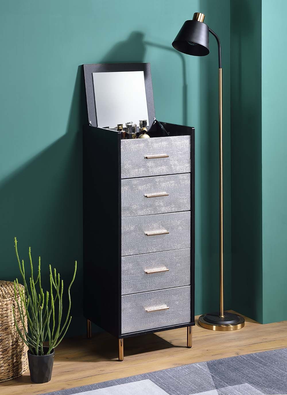 Black, Silver & Gold Myles Jewelry Armoire By Acme | Mobilia Cleopatra 3 Black, Silver & Gold Myles Jewelry Armoire by ACME - Image 1