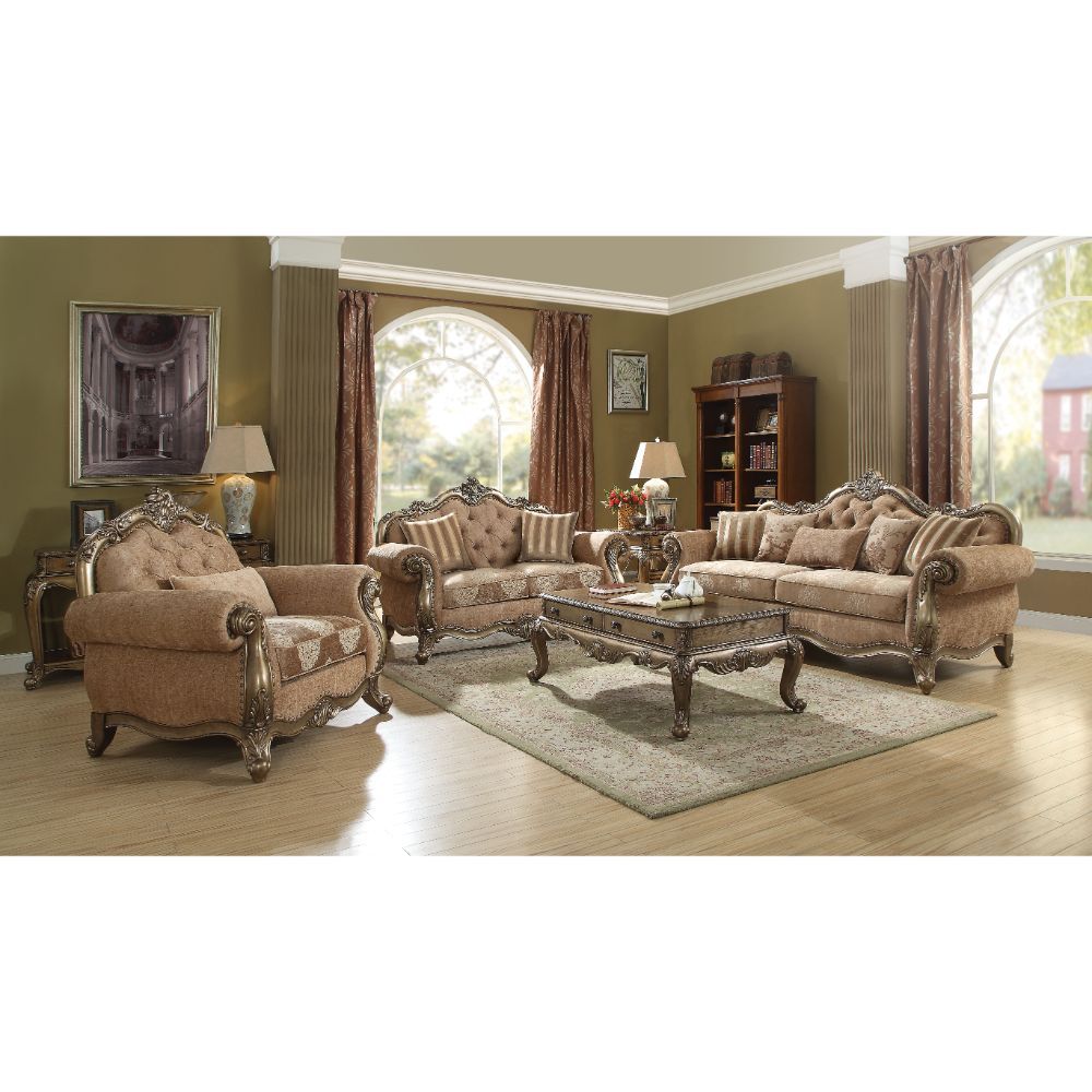 Fabric & Vintage Oak Finish Ragenardus Chair 56032 By Acme | Mobilia Cleopatra 3 Fabric & Vintage Oak Finish Ragenardus Chair 56032 by ACME - Image 1
