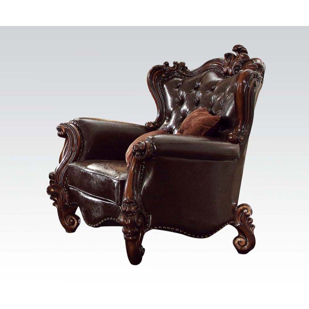 Two Tone Dark Brown Leather & Cherry Oak Finish Versailles Chair W/2 Pillows 52122 By Acme | Mobilia Cleopatra 3 Two Tone Dark Brown Leather & Cherry Oak Finish Versailles Chair W/2 Pillows 52122 by ACME - Image 1