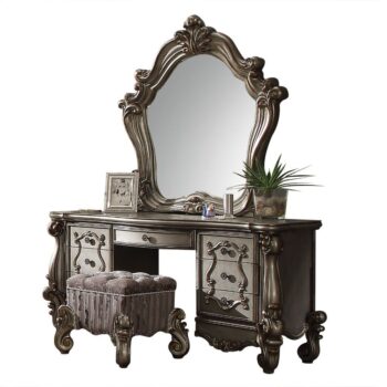 Fabric & Antique Platinum Finish Versailles Vanity Stool 26848 by ACME
