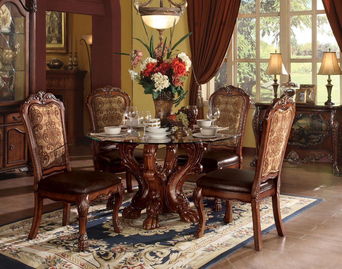 Clear Glass Top & Cherry Oak Dresden Dining Table 60010 By Acme | Mobilia Cleopatra 3 Clear Glass Top & Cherry Oak Dresden Dining Table 60010 by ACME - Image 1
