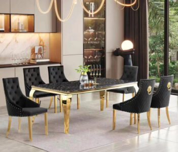 7PC Dining Set Black Faux Marble Top Gold Trim Base By McFerran