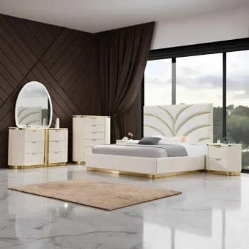 B1001-Q Modern Gold Frame White Queen Size Set 4PC by McFerran
