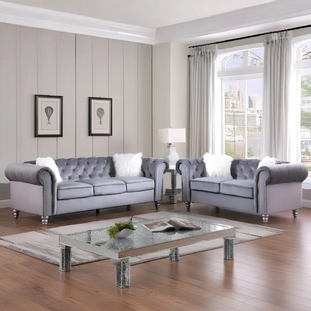 Sf2009 Tufted Grey Velvet 2Pc Living Set By Mcferran | Mobilia Cleopatra 3 Sf2009 Tufted Grey Velvet 2PC Living Set by McFerran - Image 1