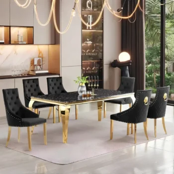 7PC Dining Set Black Faux Marble Top Gold Trim Base By McFerran