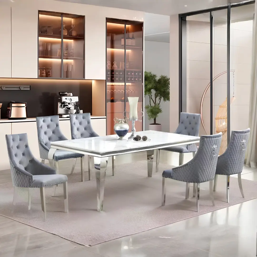 D1005 Grey Tufted Dining Set 7Pc By Mcferran | Mobilia Cleopatra 3 D1005 Grey Tufted Dining Set 7PC By McFerran - Image 1