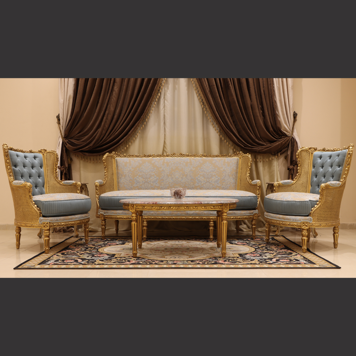 Mc-18 Magical Blue Neoclassic Sofa Set. | Mobilia Cleopatra 3 MC-18 magical blue Neoclassic sofa set. - Image 1
