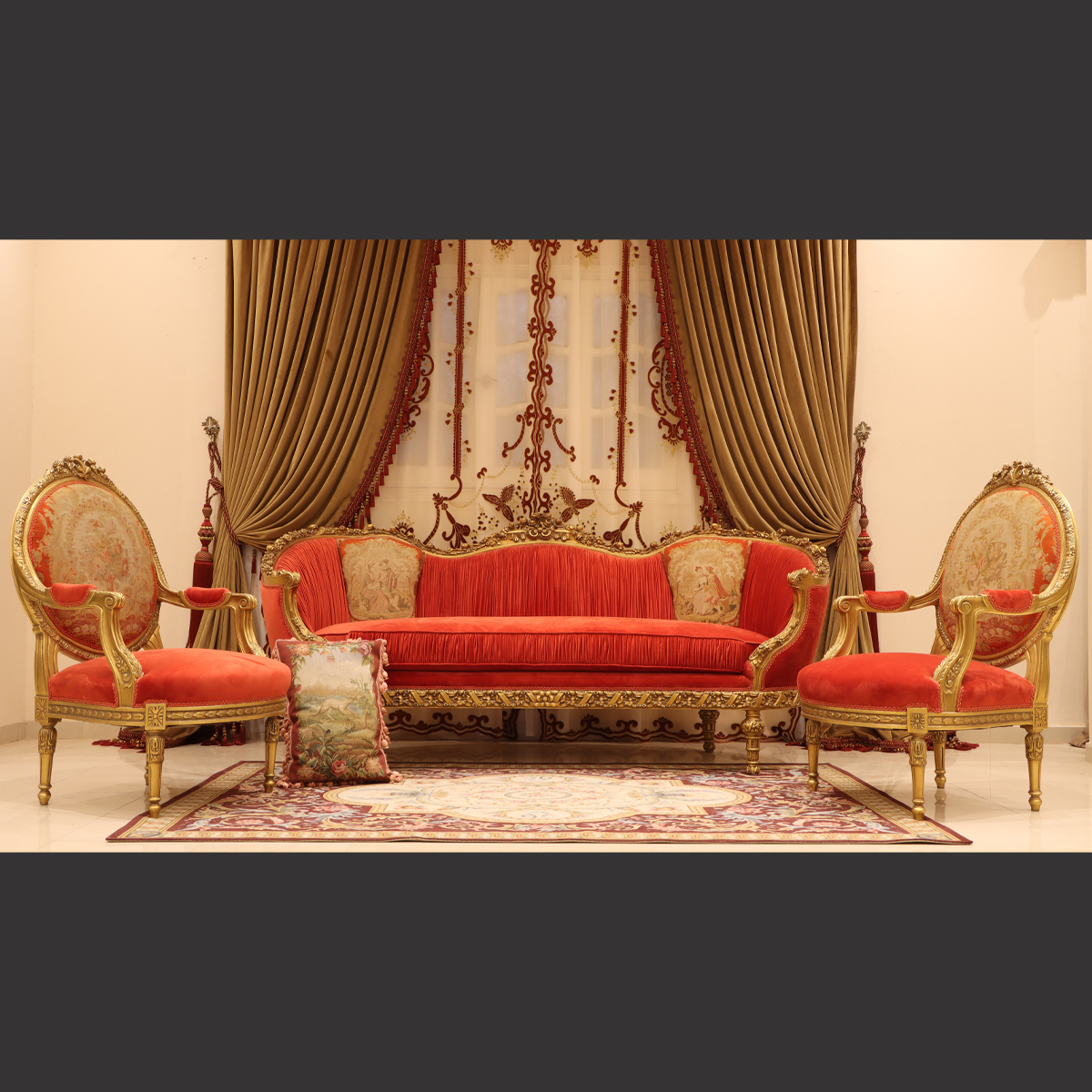 Mc-40 Coral Orange Rococo Sofa Set. | Mobilia Cleopatra 3 MC-40 coral orange Rococo sofa set. - Image 1