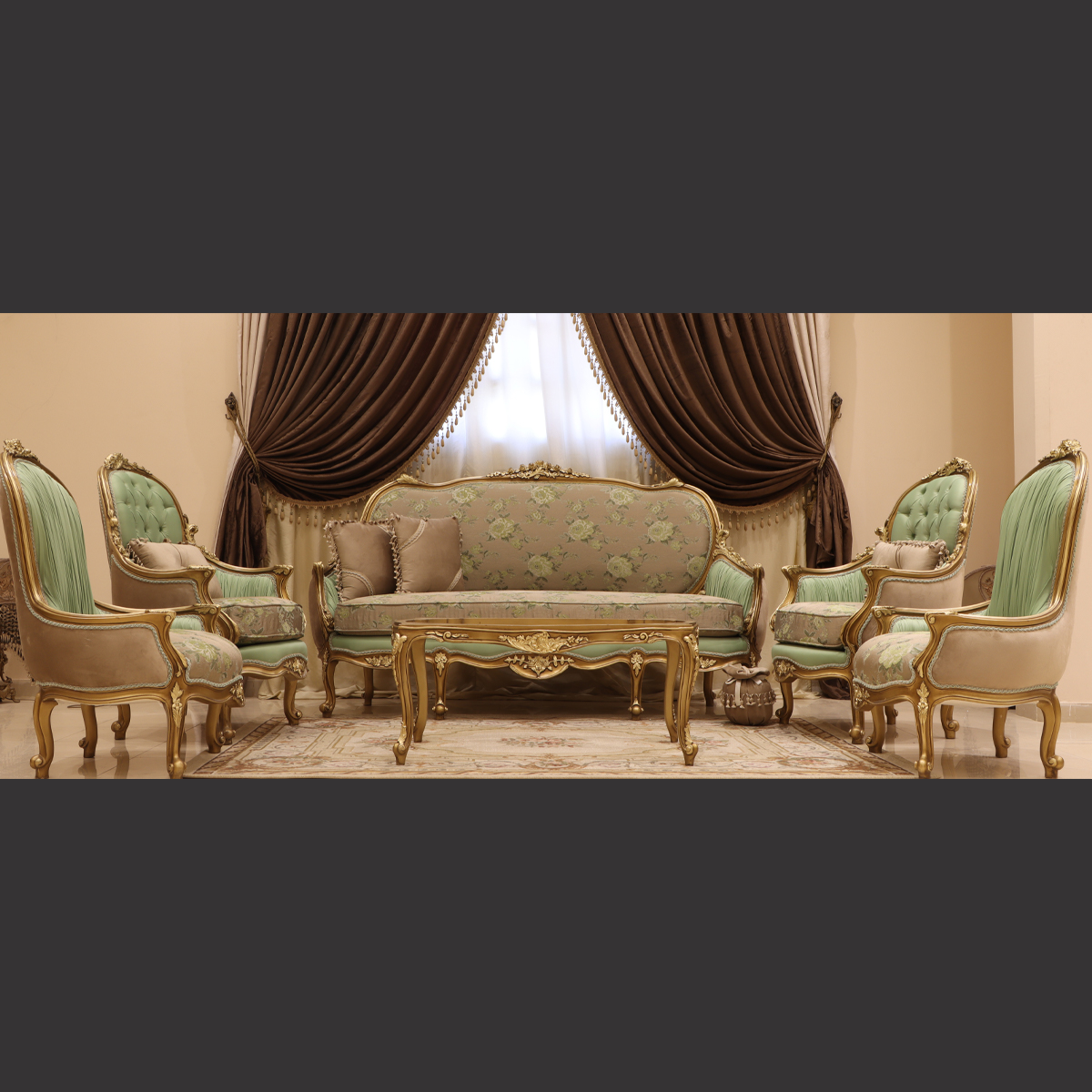 Mc-50 Pistachio/Moka Beige Rococo Sofa Set. | Mobilia Cleopatra 3 MC-50 pistachio/moka beige Rococo sofa set. - Image 1