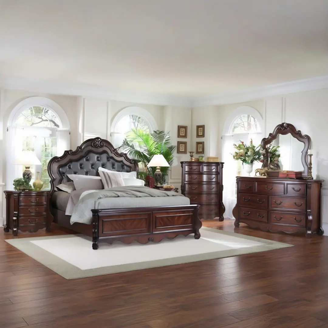 B527-Q Gold Frame Brown Queen Size Set Bed By Mcferran | Mobilia Cleopatra 3 B527-Q Gold frame Brown Queen Size Set Bed By McFerran - Image 1