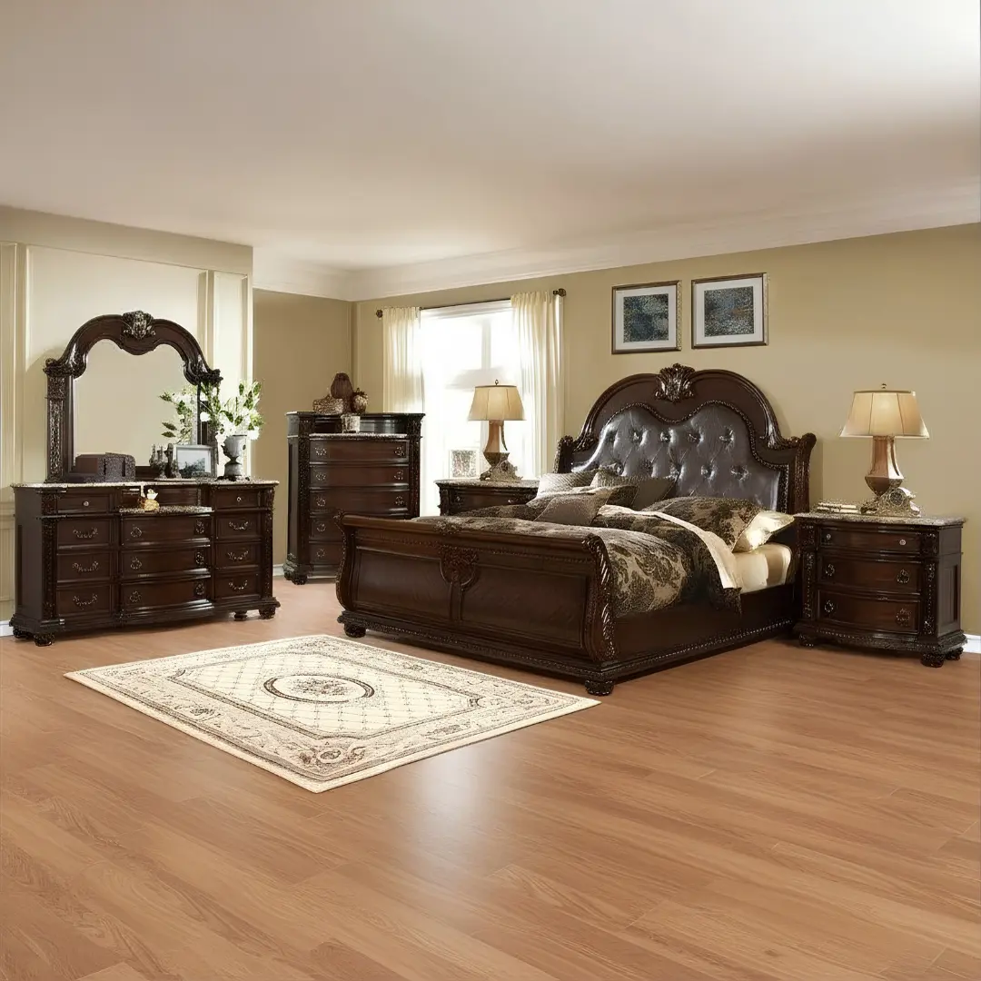 Wooden Brown Leather King Size Set 4Pc By Mcferran | Mobilia Cleopatra 3 Wooden Brown Leather King Size Set 4PC By McFerran - Image 1