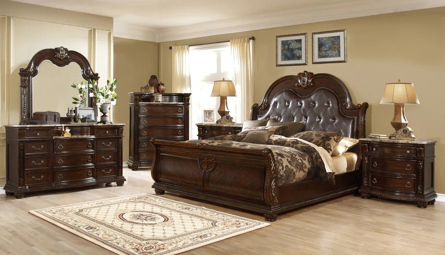 Wooden Brown Leather King Size Set 4Pc By Mcferran | Mobilia Cleopatra 3 Wooden Brown Leather King Size Set 4PC By McFerran - Image 1