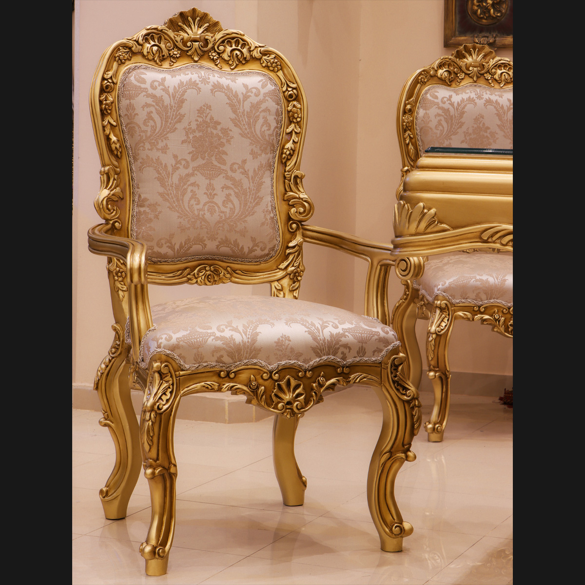 Handmade Palace Gold Arm Chair | Mobilia Cleopatra 3 Handmade Palace Gold Arm Chair - Image 1