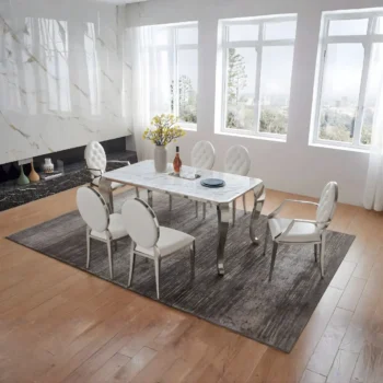 Shiny 110 Marble Dining Table with 110 White Chairs