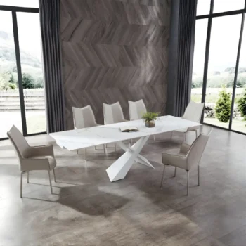 Mat, Shiny 9113 Dining Table with 1218 swivel Gray Chairs