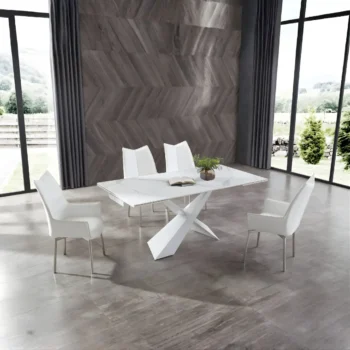 Mat 9113 Dining Table with 1218 Swivel White Chairs