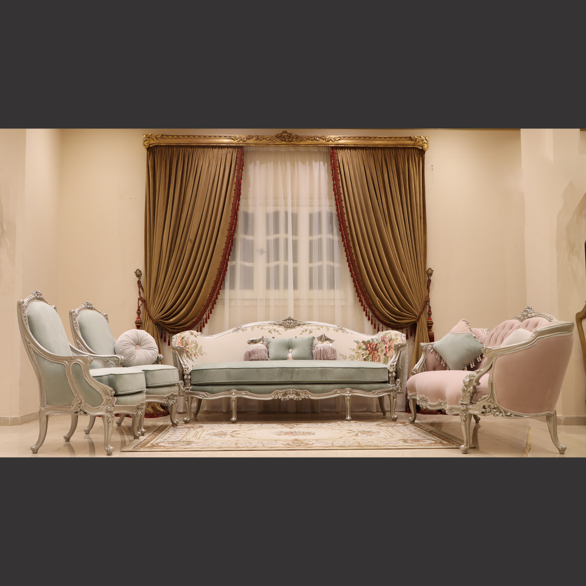 Mc-56 Pistachio/Natural Beige Neoclassic Sofa Set | Mobilia Cleopatra 3 MC-56 pistachio/natural beige Neoclassic sofa set - Image 1