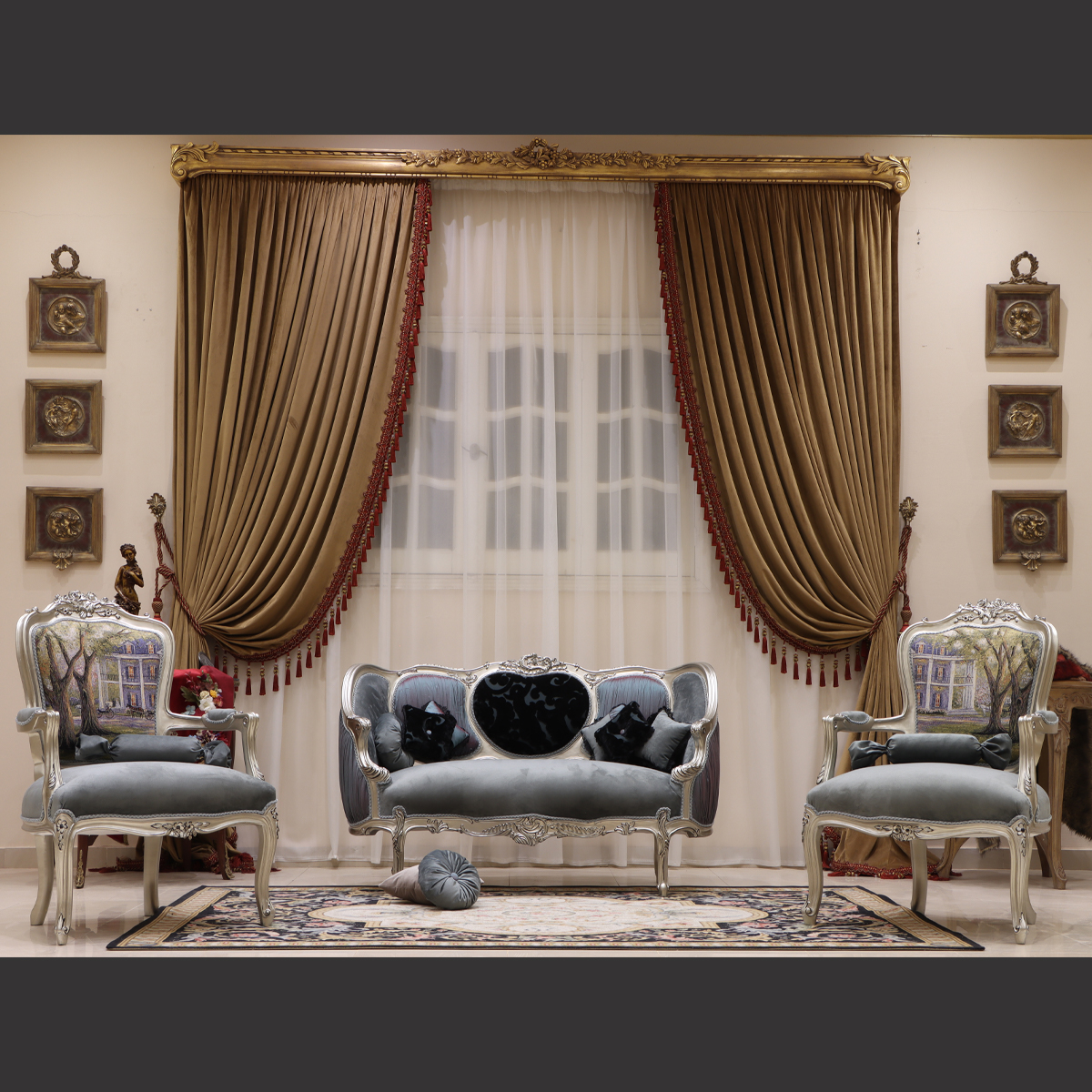 Mc-68 Black/ Titanium Rococo Sofa Set | Mobilia Cleopatra 3 MC-68 black/ titanium Rococo sofa set - Image 1