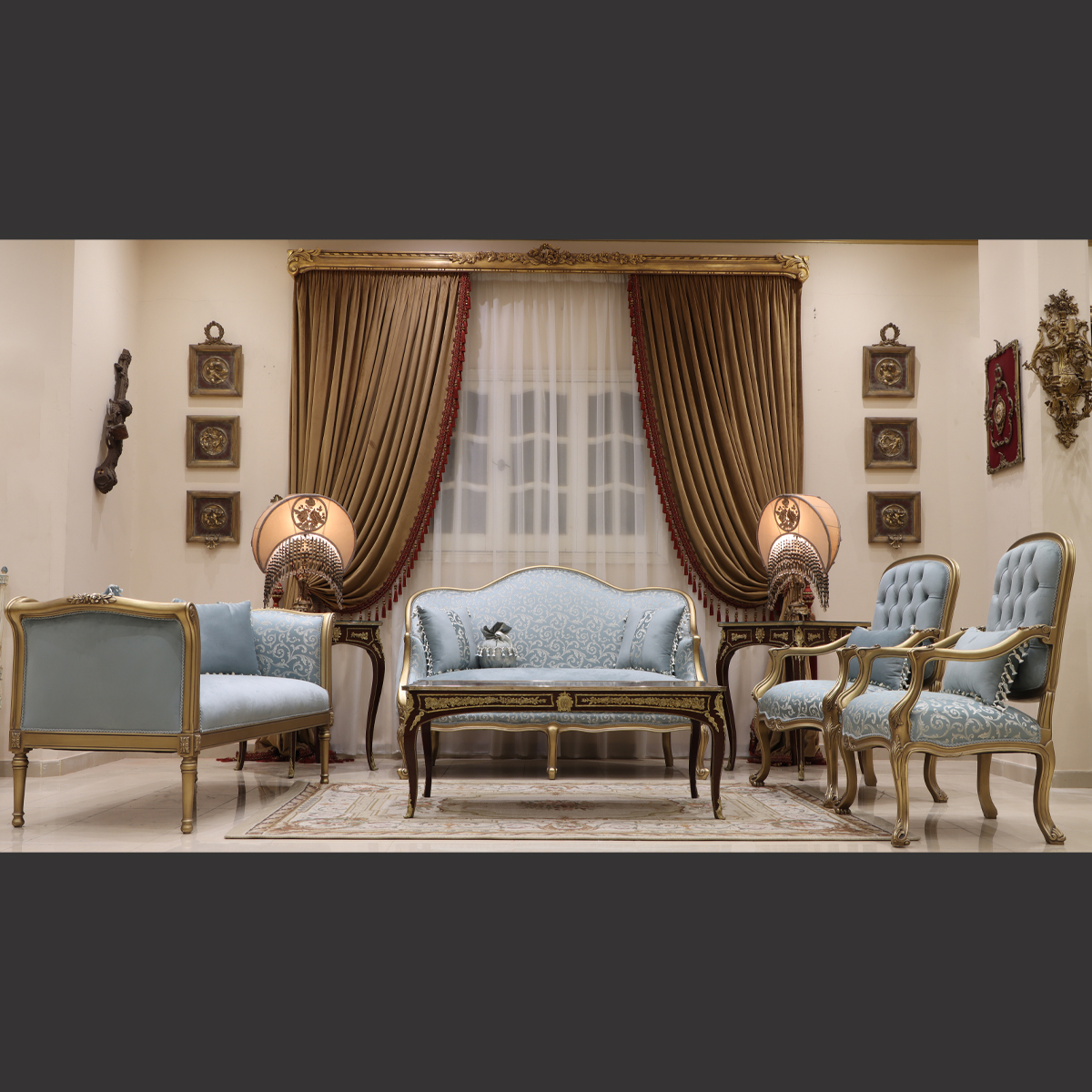 Mc-72 Pearl Blue Neoclassic Sofa Set | Mobilia Cleopatra 3 MC-72 pearl blue Neoclassic sofa set - Image 1