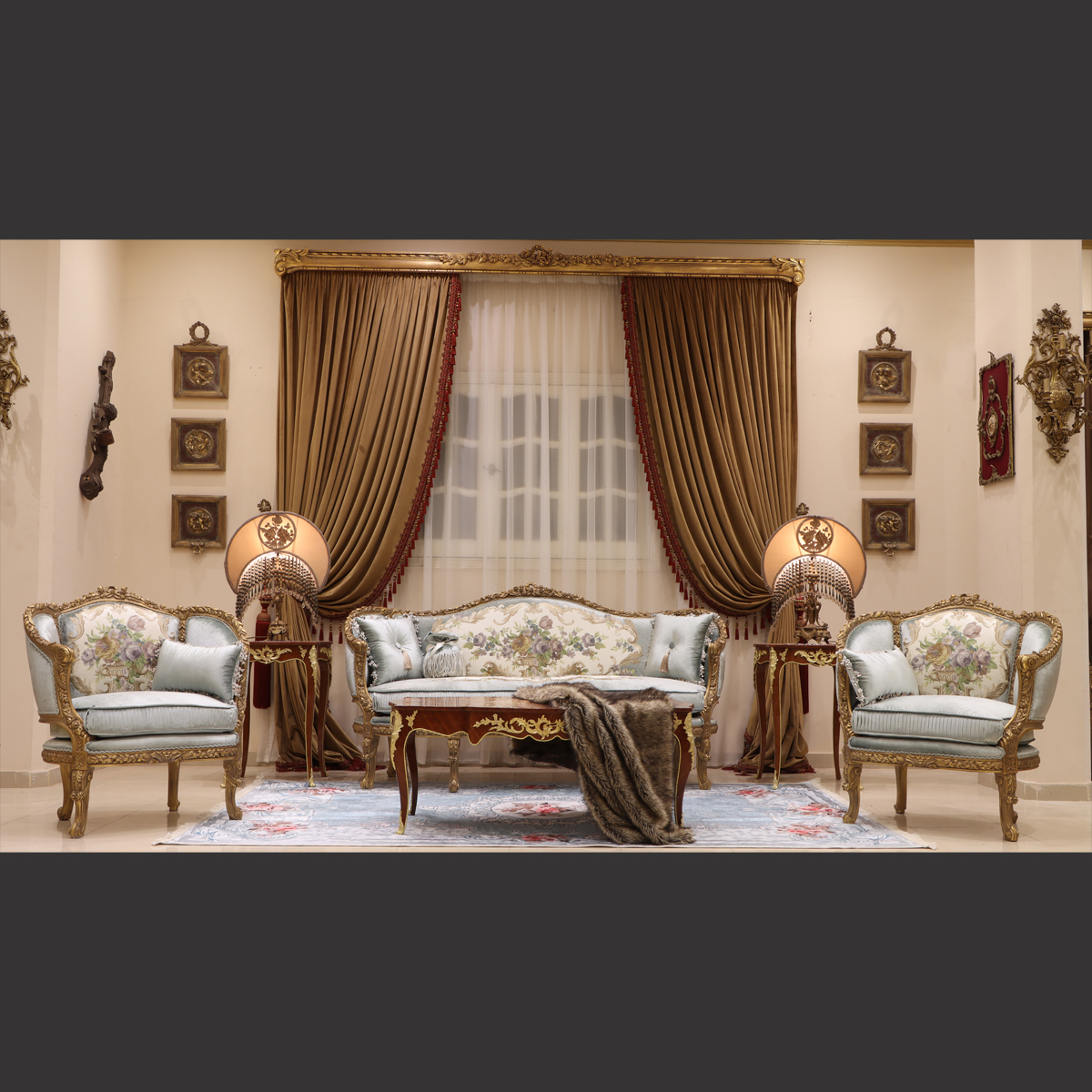 Mc-92 Stone Blue Rococo Sofa Set | Mobilia Cleopatra 3 MC-92 stone blue Rococo sofa set - Image 1