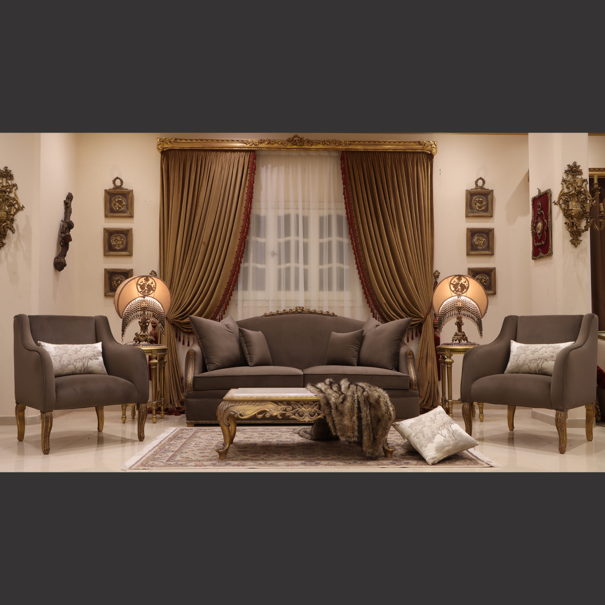 Mc-110 Brown Neoclassic Sofa Set | Mobilia Cleopatra 3 MC-110 Brown Neoclassic sofa set - Image 1