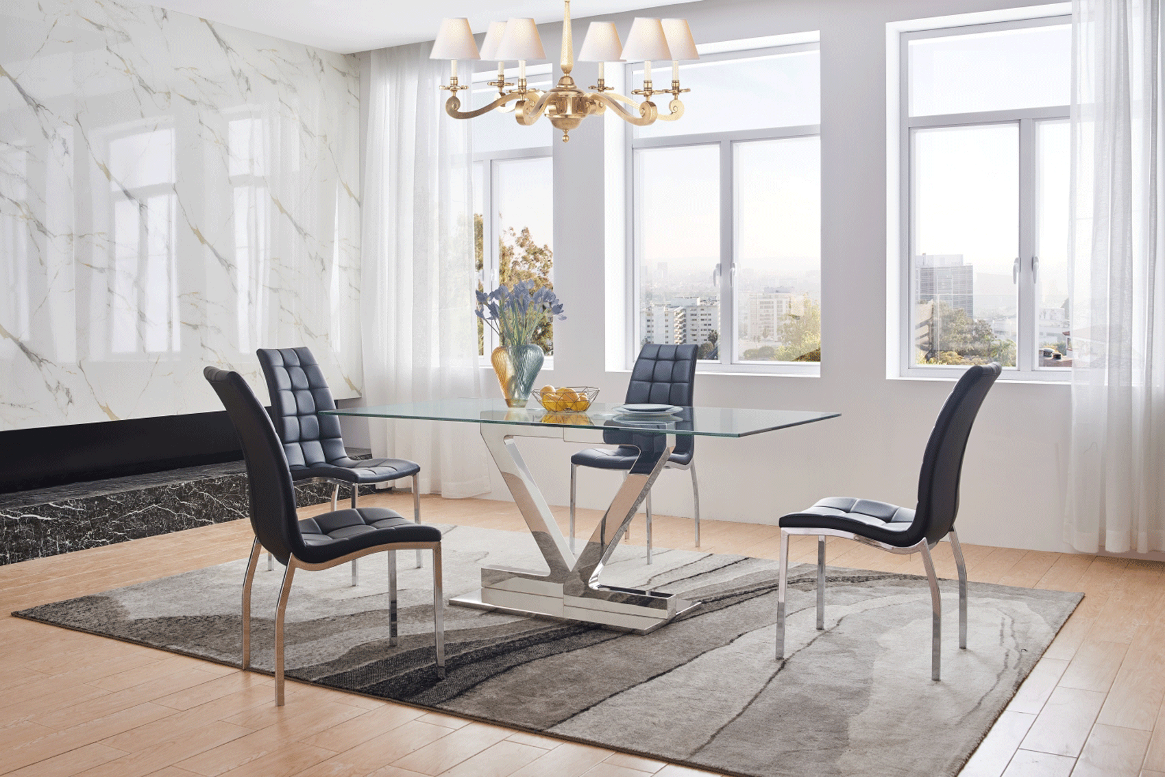 Mat, Shiny Zig Zag Dining Table With 365 Black Chairs P10733 By Esf Furniture | Mobilia Cleopatra 3 251-Dining-Table-with-365-Black-Chiars