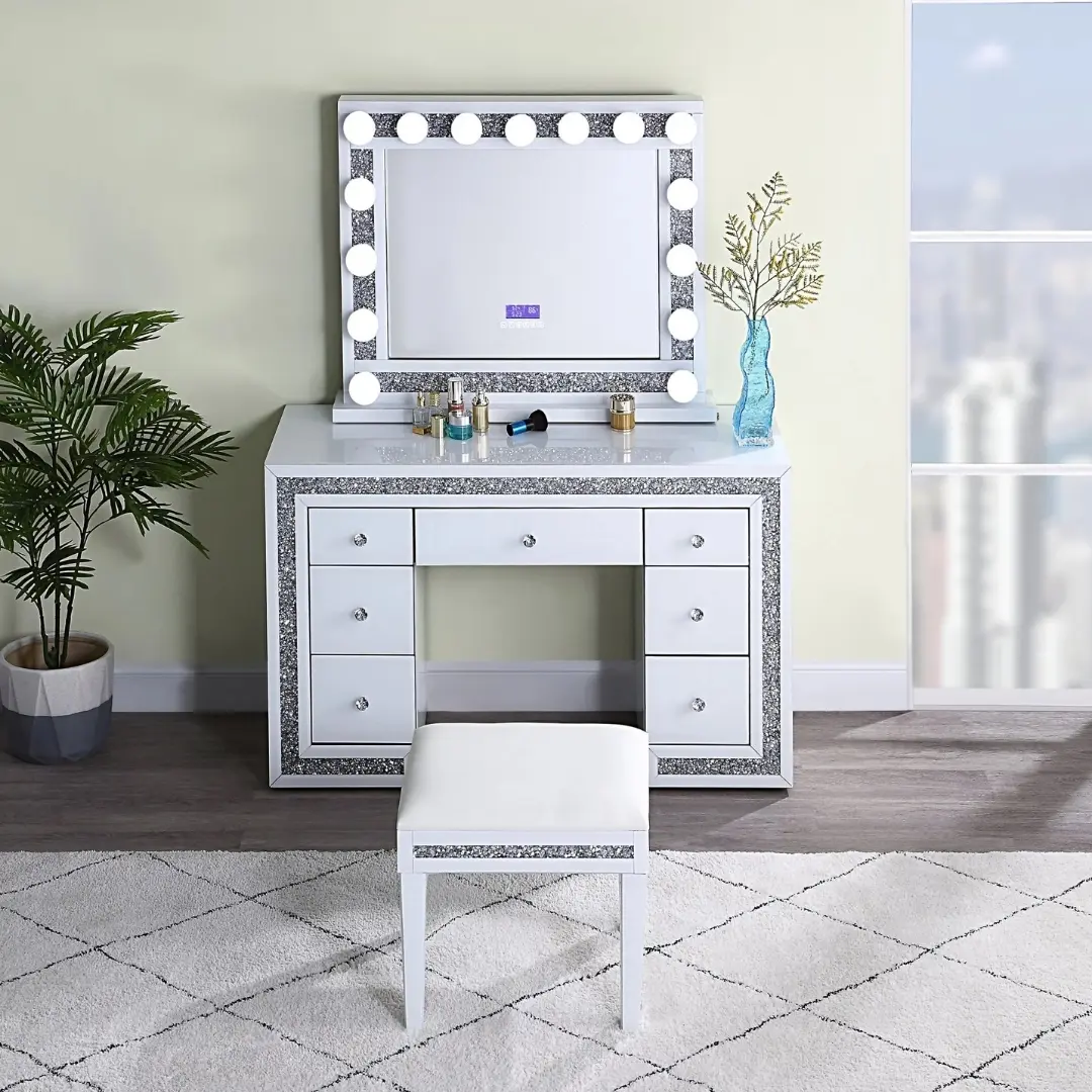 Dr1002Wh White Mirrored Vanity With Stool By Artisan Furniture | Mobilia Cleopatra 3 DR1002WH White Mirrored Vanity With Stool By Artisan Furniture - Image 1