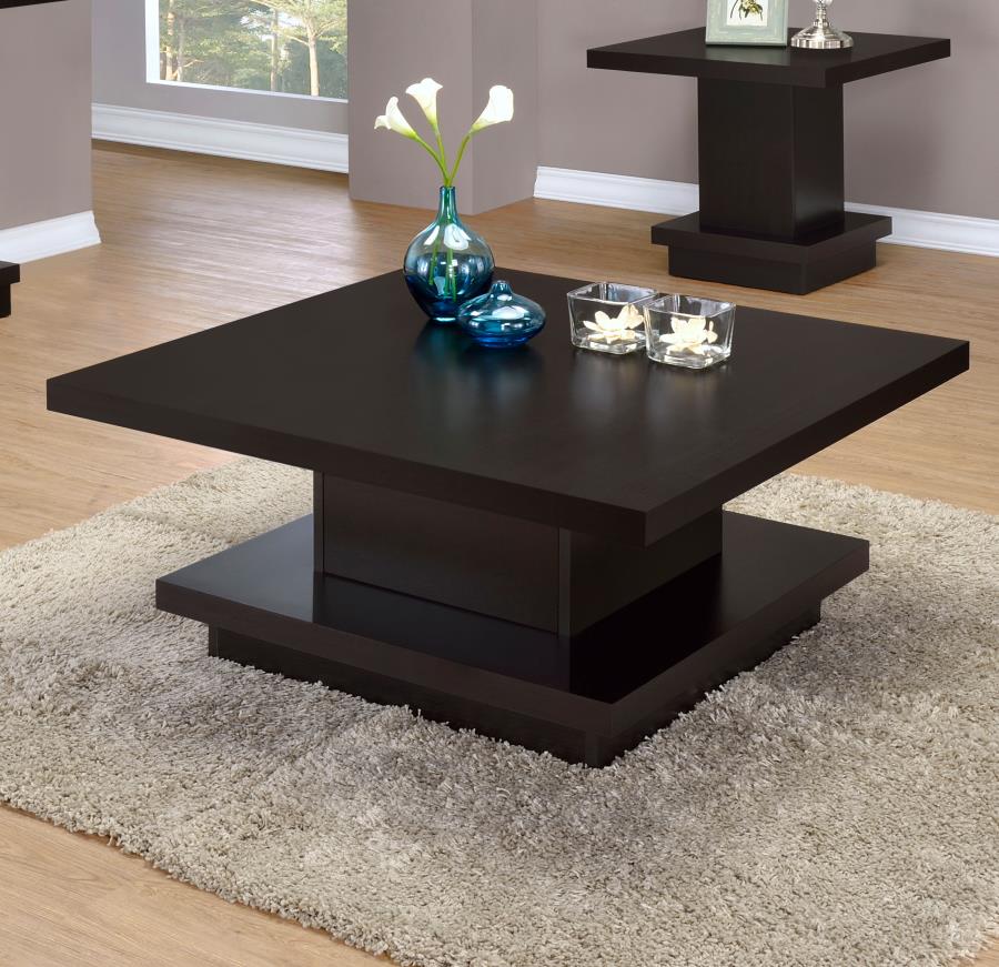 Reston Pedestal Square Coffee Table Cappuccino By Coaster Furniture | Mobilia Cleopatra 3 Reston Pedestal Square Coffee Table Cappuccino By Coaster Furniture - Image 1