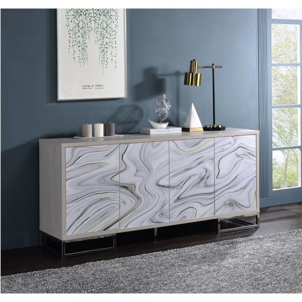 White Marble Print & Chrome Finish Panos Console Cabinet Ac02344 By Acme | Mobilia Cleopatra 3 White Marble Print & Chrome Console Cabinet