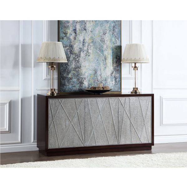 Metallic Silver & Walnut Finish Geranio Console Cabinet Ac02502 By Acme | Mobilia Cleopatra 3 Silver & Walnut Console Cabinet