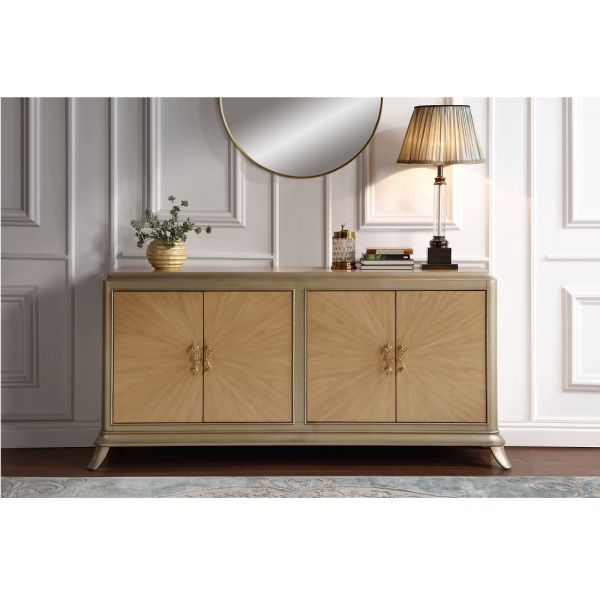 Natural Oak Sunburst Pattern Dodie Console Cabinet Ac02504 By Acme | Mobilia Cleopatra 3 Sunburst Pattern & Taupe Champaign Dodie Console Cabinet