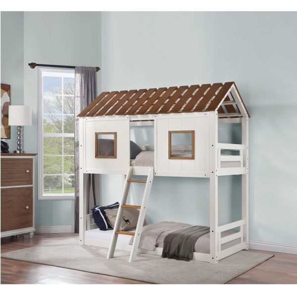 White & Rustic Oak Finish Inara Twin/Twin Bunk Bed Bd02051 By Acme | Mobilia Cleopatra 3 White & Rustic Oak Inara Twin-Twin Bunk Bed