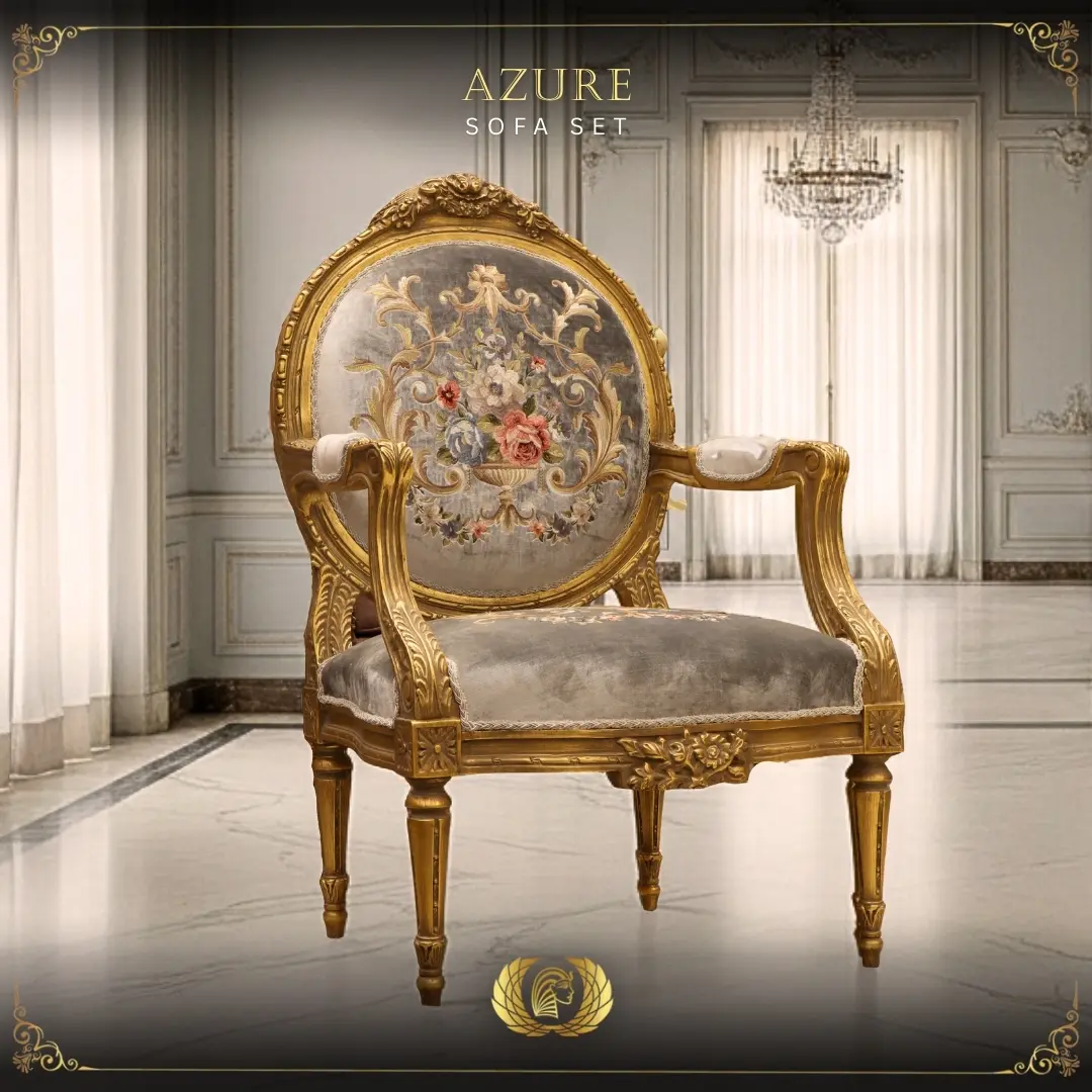 Handmade Azure Gray Gold Chair 2 | Mobilia Cleopatra 3 Azure Sofa Set (3)