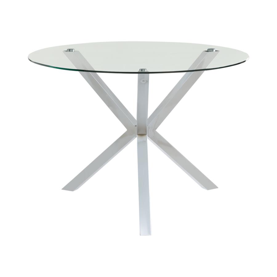 Vance Glass Top Dining Table With X-Cross Base Chrome By Coaster Furniture | Mobilia Cleopatra 3 Vance Glass Top Dining Table with X-cross Base Chrome by Coaster Furniture - Image 1