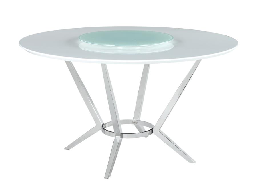 Abby Round Dining Table With Lazy Susan White And Chrome By Coaster Furniture | Mobilia Cleopatra 3 Abby Round Dining Table with Lazy Susan White and Chrome By Coaster Furniture - Image 1