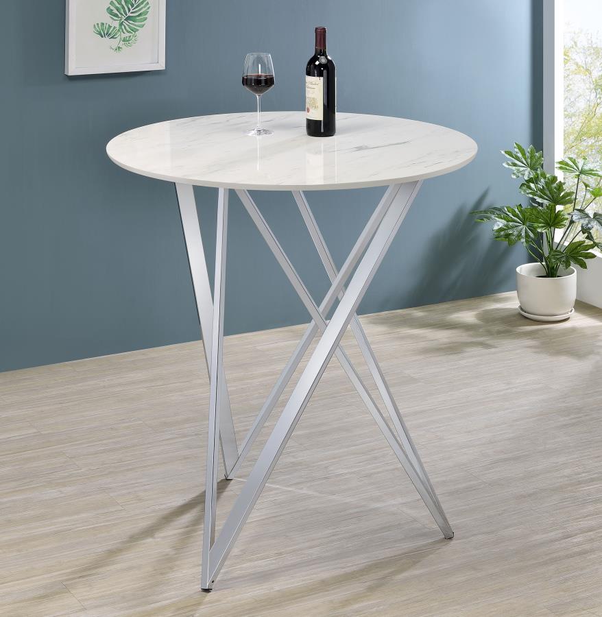 Bexter Faux Marble Round Top Bar Table White And Chrome 183526 By Coaster Furniture | Mobilia Cleopatra 3 Bexter Faux Marble Round Top Bar Table White and Chrome 183526 By Coaster Furniture - Image 1