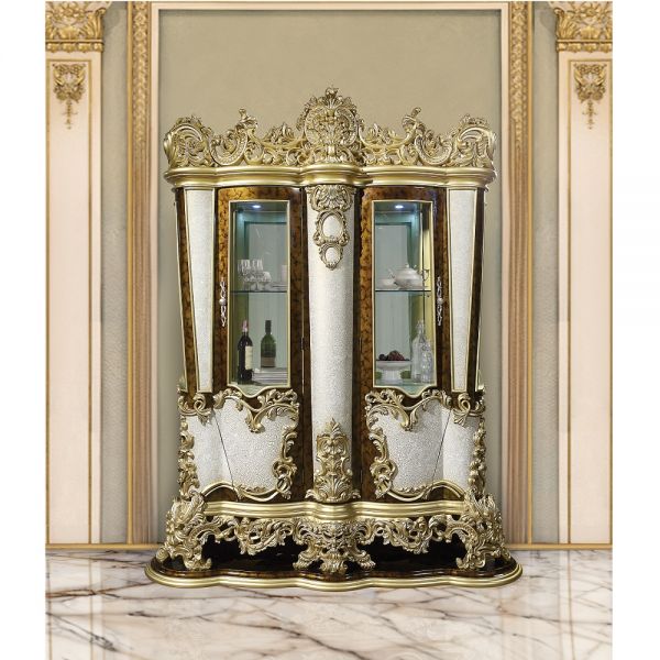 Desiderius Gold Curio Cabinet By Acme | Mobilia Cleopatra 3 Antique Gold & Hand-Painted Brown Finish Curio