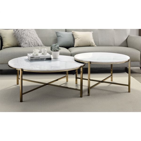 Zaidee Nesting Table Set With Natural Marble Top Lv02797 By Acme | Mobilia Cleopatra 3 Marble Top & Champagne Finish Nesting Table Set