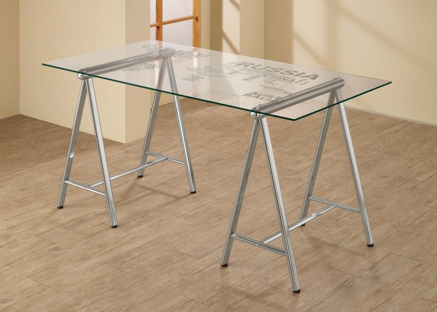 Patton World Map Writing Desk Nickel And Printed Clear By Coaster Furniture | Mobilia Cleopatra 3 Patton World Map Writing Desk Nickel and Printed Clear by Coaster Furniture - Image 1