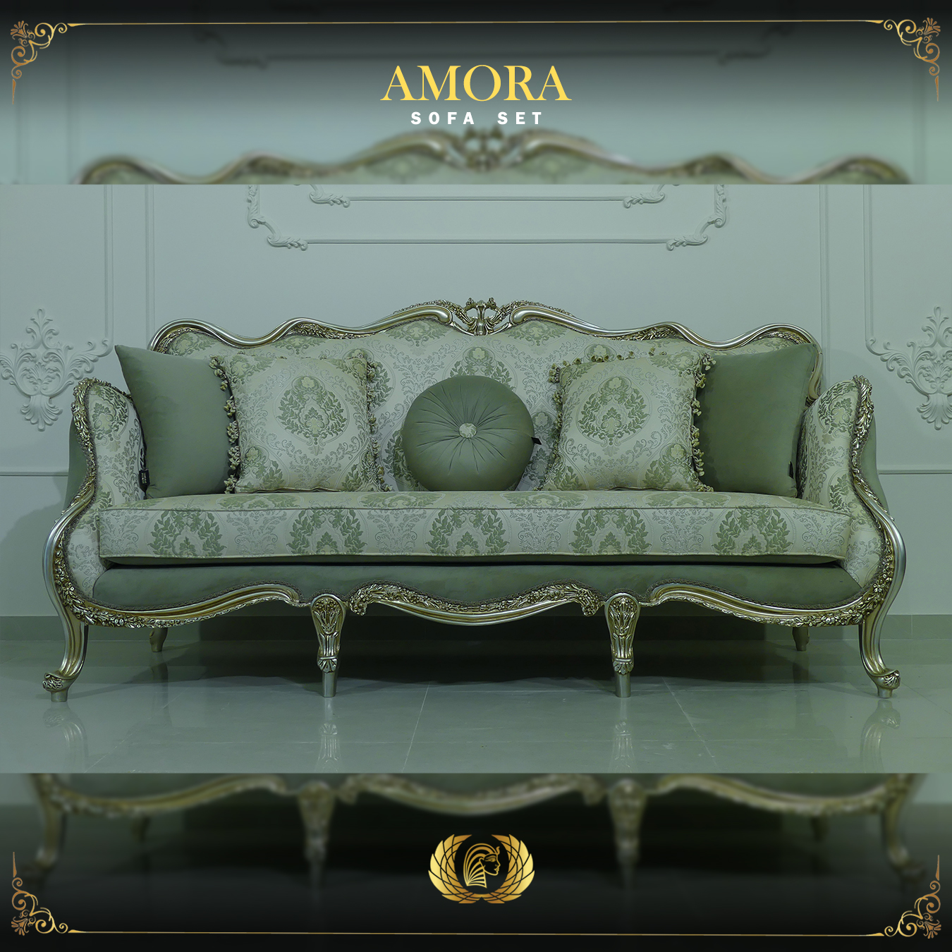 Handmade Champagne Amora Green Olive Sofa | Mobilia Cleopatra 3 Handmade Champagne Amora Green Olive Sofa - Image 1