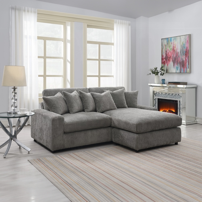 Gray Corduroy Tavia Reversible Sectional Sofa W/6 Pillows Lv01882 By Acme | Mobilia Cleopatra 3 Gray Corduroy Tavia Reversible Sectional Sofa W/6 Pillows LV01882 By ACME - Image 1