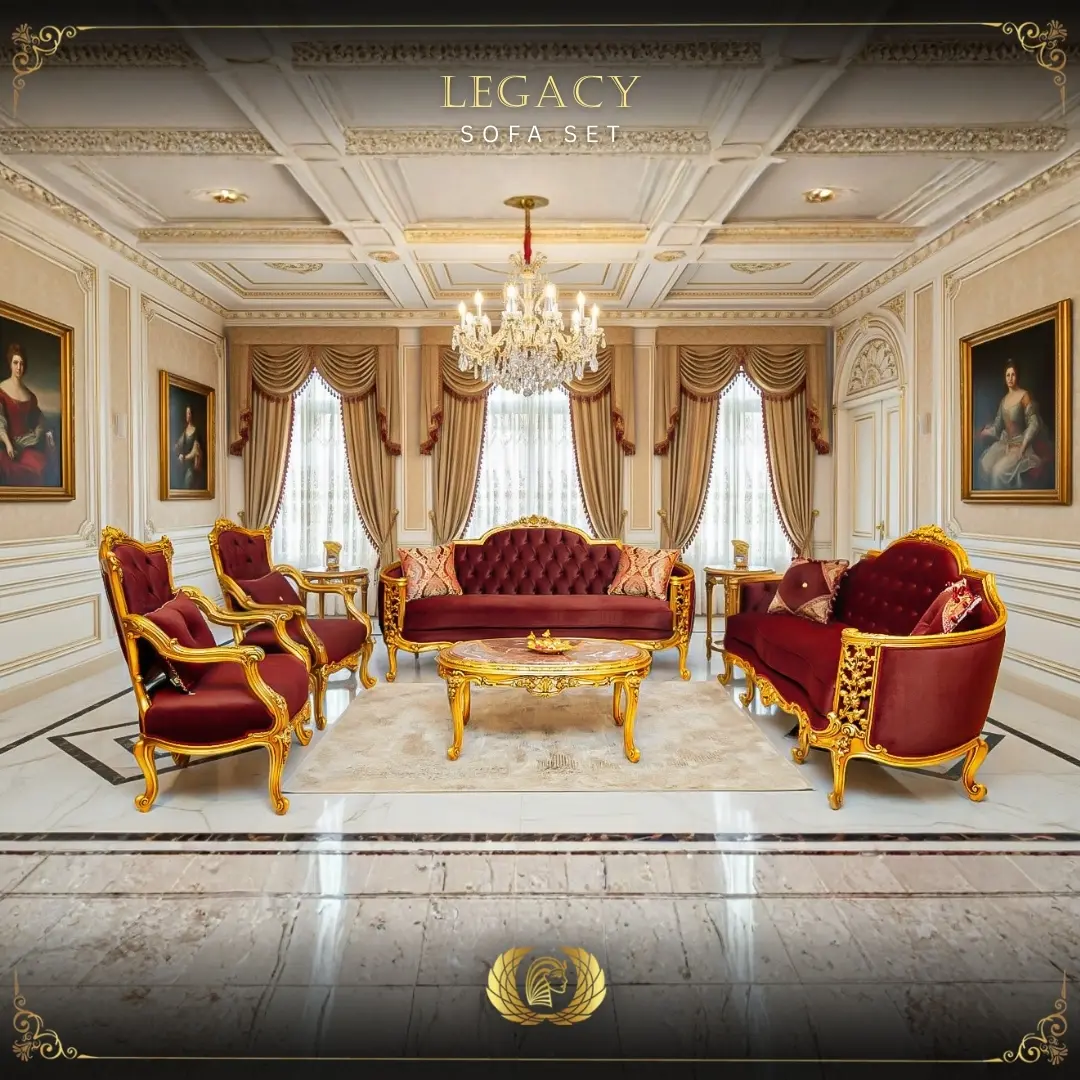 Handmade Gold Maroon Legacy Sofa Set | Mobilia Cleopatra 3 legacy sofa set